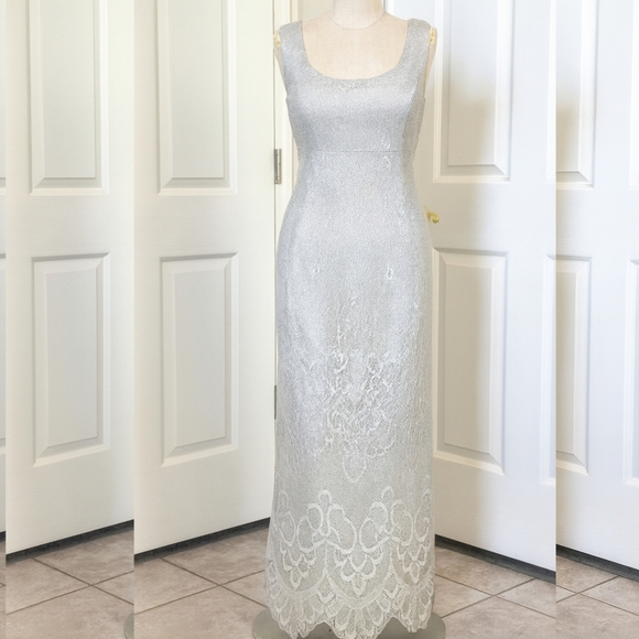 Vintage Dresses & Skirts - VINTAGE 90's Silver Crochet Lace Gown Dress SIZE 4